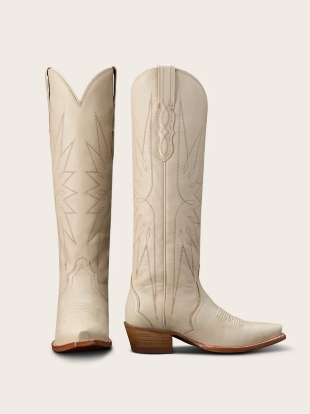 Tecovas Cream Leather Over-The-Knee Western Boots with Stitched Detail